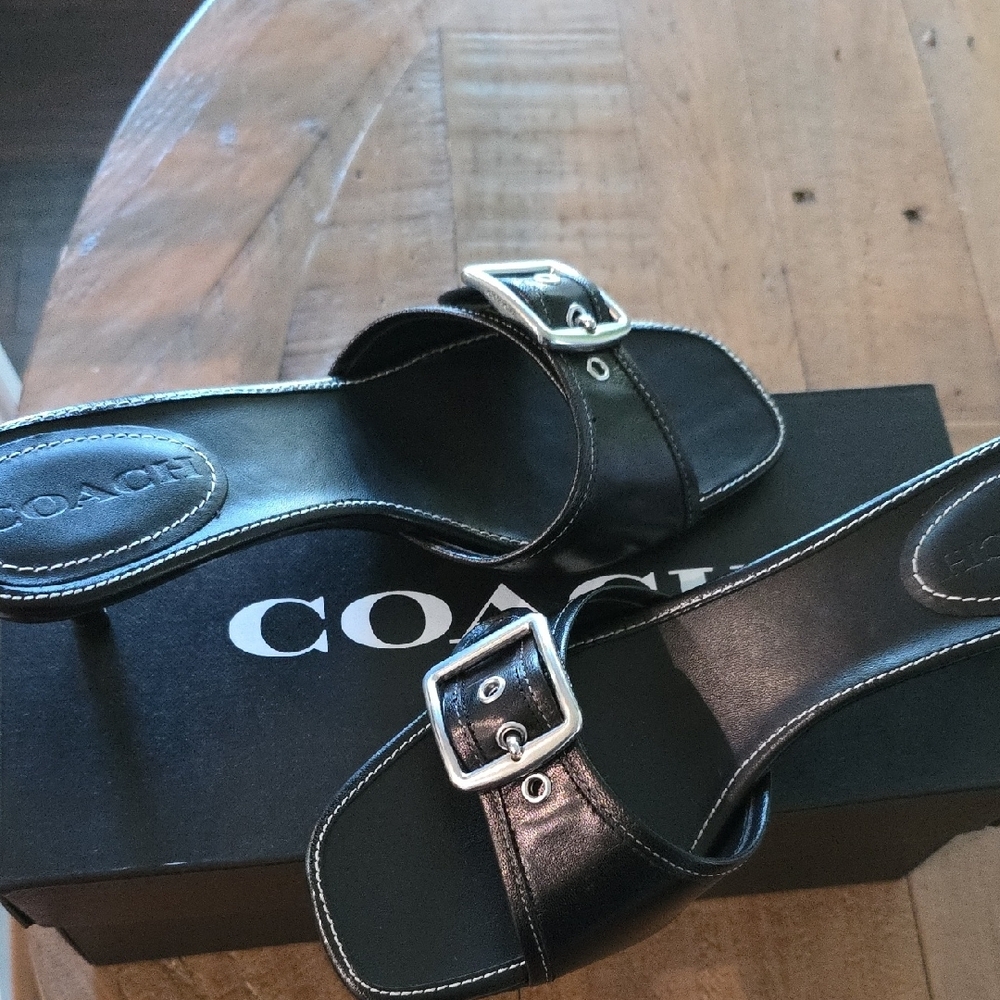 NWT Coach MARGOT Black Leather Buckle Mules 7M - Picture 3 of 5